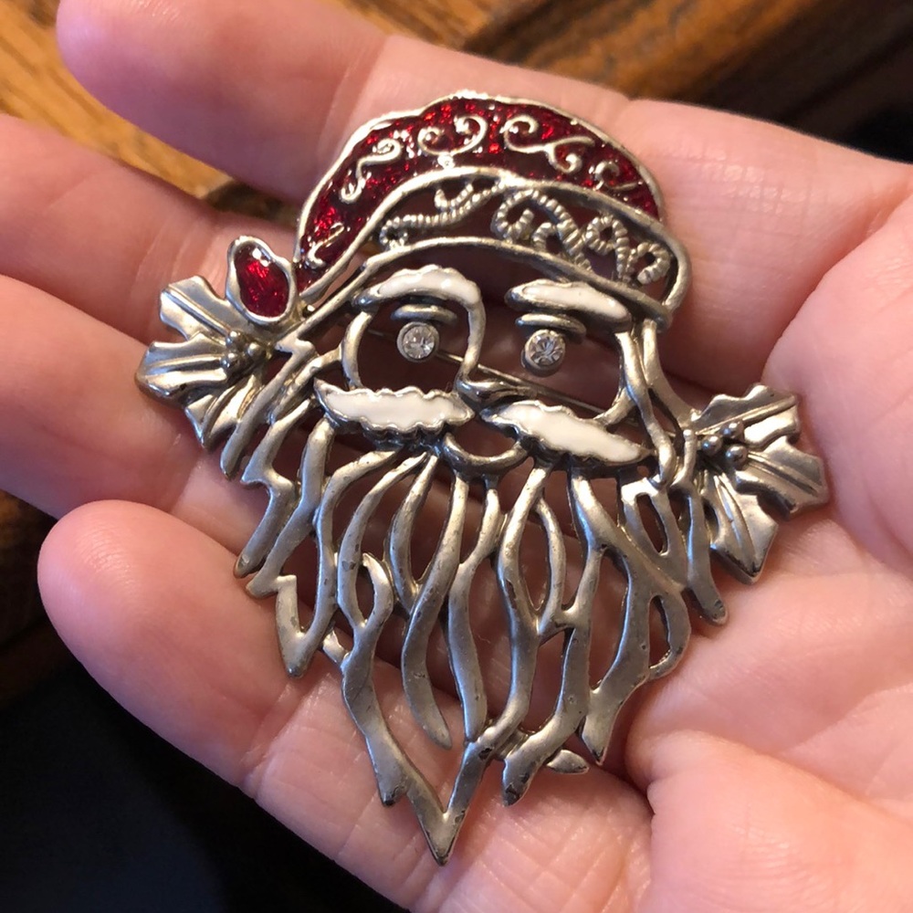 Unique Matte Silvertone Santa w/ Red & White Enamel & Rhinestone Eyes